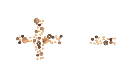 Conceptual set of pastry delicious products forming the plus? and minus signs.3d illustration metaphor for education, school, agriculture, traditional and rustic, organic, healthy and natural.
