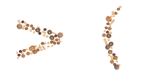 Conceptual set of pastry delicious products forming greater and left parentheses signs.3d illustration metaphor for education, school, agriculture, traditional and rustic, organic, healthy, natural.