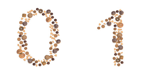 Concept or conceptual set of pastry delicious products forming the fonts 0 and 1. 3d illustration metaphor for education, school, agriculture, traditional and rustic, organic, healthy and natural.