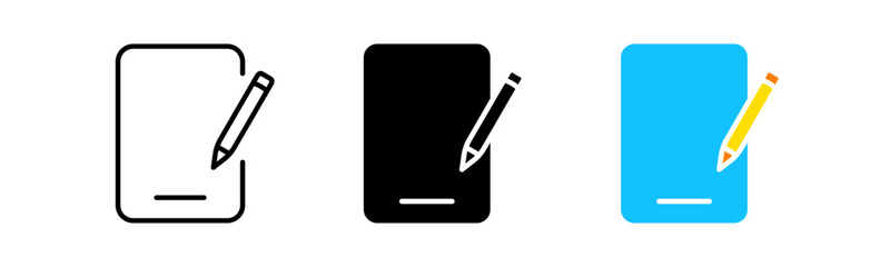 Tablet with pencil line icon. Communication, technology, mobile computer, camera, business, student, student, internet. Technology concept. Vector icon in line, black and color style