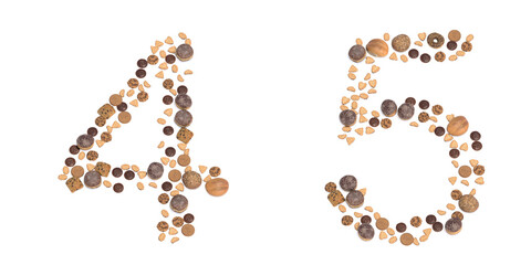 Concept or conceptual set of pastry delicious products forming the fonts 4 and 5. 3d illustration metaphor for education, school, agriculture, traditional and rustic, organic, healthy and natural.