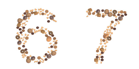 Concept or conceptual set of pastry delicious products forming the fonts 6 and 7. 3d illustration metaphor for education, school, agriculture, traditional and rustic, organic, healthy and natural.