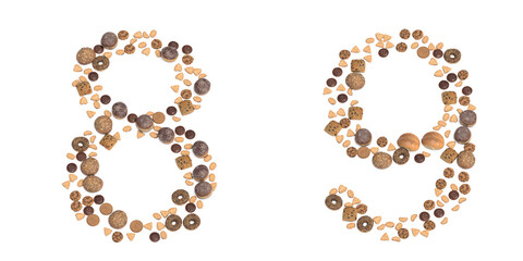 Concept or conceptual set of pastry delicious products forming the fonts 8 and 9. 3d illustration metaphor for education, school, agriculture, traditional and rustic, organic, healthy and natural.