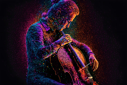 Violoncelliste aux couleurs arc-en-ciel &raquo; IA g&eacute;n&eacute;rative 