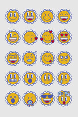 Vintage chamomile flower face emoji set. Retro 90s 80s 70s emoticon.