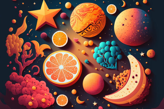 Space or planets universe cosmic abstract background. Abstract fruit background. Creative space. Summer food concept. Generative AI