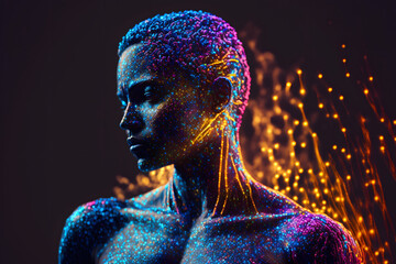 Femme africaine aux cheveux courts avec bodypainting phosphorescent » IA générative - obrazy, fototapety, plakaty