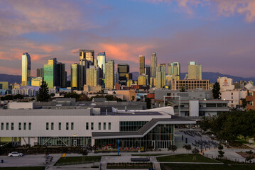 LOS ANGELES, CALIFORNIA - JANUARY 29, 2023: Los Angeles downtown view during the sunset