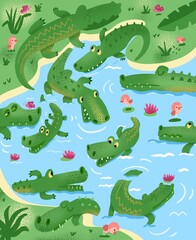 Cute crocodiles in pond. Colorful cartoon scene for worksheet. Nature and animals. Illustration for book design.