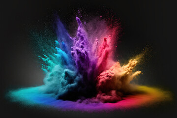 Spectrum filled colorful abstract powder background, isolated on a dark background. Generative AI