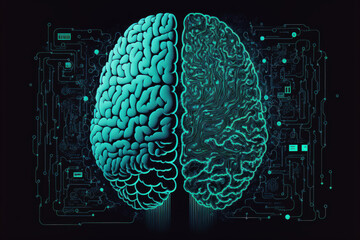 Sketch of the human brain in an innovative artificial intelligence concept on a contemporary computer background. two exposures. Generative AI