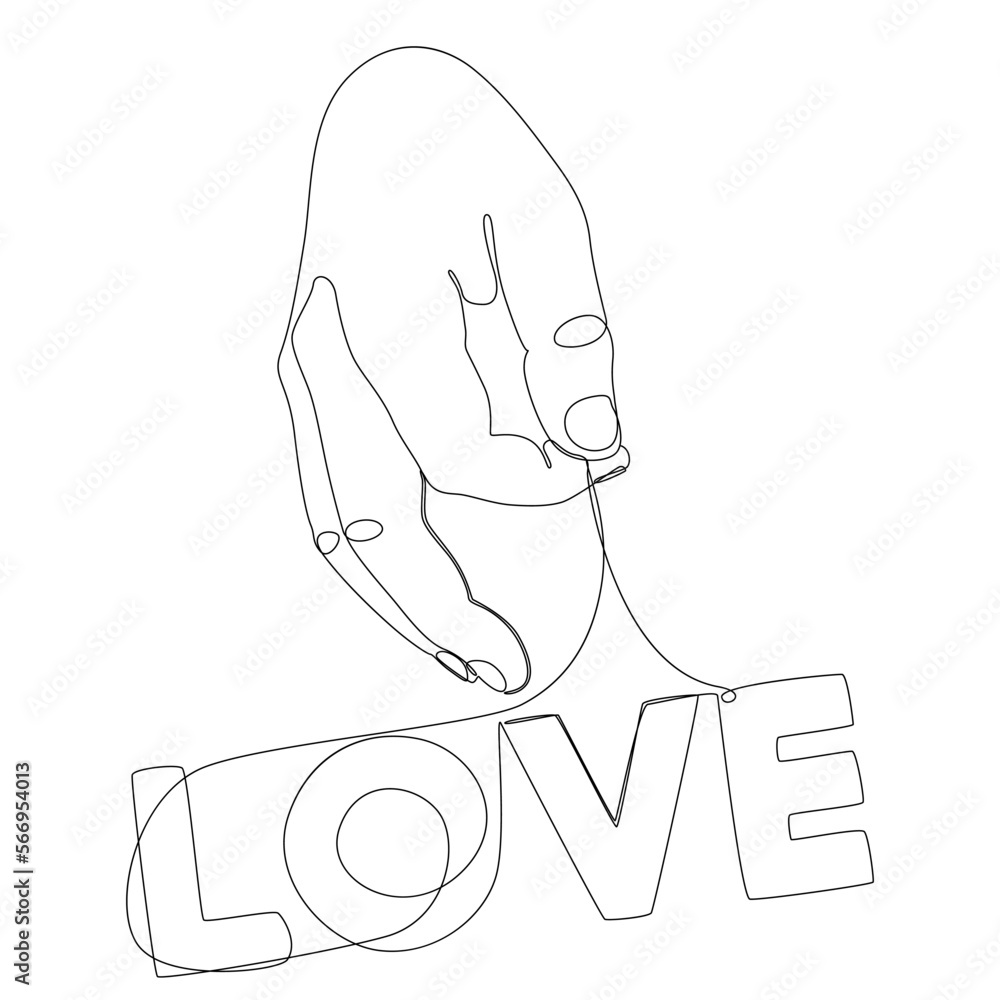 Poster one continuous line of hand holding a string with love word. thin line illustration vector concept. 