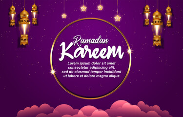 ramadan kareem 2023 banner illustration luxury shiny islamic ornament and abstract gradient purple background design
