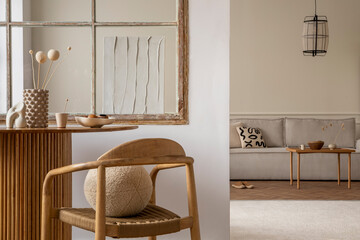 Creative composition of living room interior with mock up poster frame, round table,  chair,...