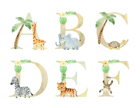 Watercolor cute safari animals letters for invitation card, nursery poster and other.