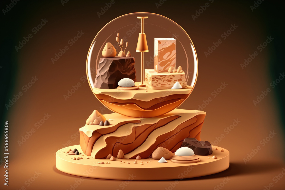 Poster pedestal for displaying cosmetics featuring a rock and water reflection on a brown background. gener