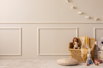 Minimalist composition of children room interior with copy space, wicker baskets, yellow plaid,...