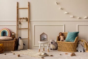 Warm and cozy kids room interior with white stool, wicker basket, colorful pillow, stylish toys,...
