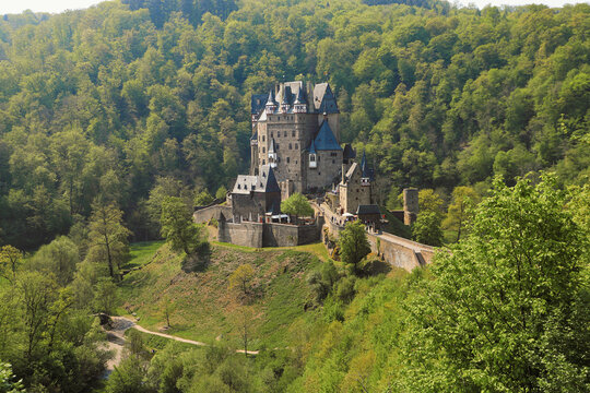 Eltz Castle in sunshine, a medieval castle located in Germany, Rheinland Pfalz, Mosel region on May 15th 2022
