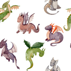 Watercolor seamless pattern with cute dragons. Hand drawn illustration.
