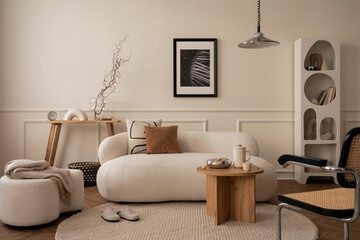 Warm and cozy composition of living room interior with mock up poster frame, modular sofa, wooden coffee table, round rug, beige wall, modern rack and personal accessories. Home decor. Template.