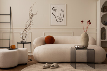 Cozy composition of living room interior with mock up poster frame, white sofa, round pillow, glass coffee table, beige wall with stucco, chrom bowl and personal accessories. Home decor Template.