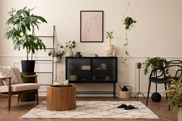 Creative composition of living room interior with mock up poster frame, black sideboard, round coffee table, stylish armchair, plants in flowerpots and personal accessories. Home decor. Template.