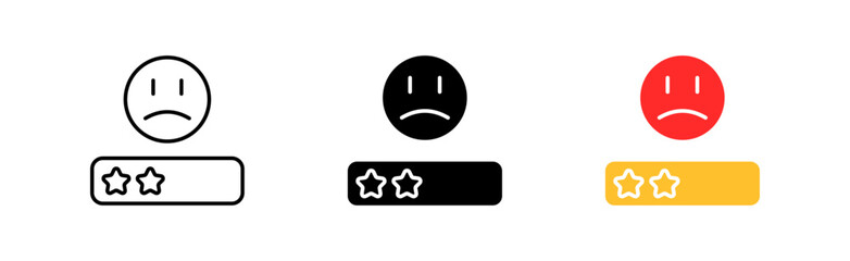 Bad review icon set. Emoticon, stars, rating, comment, rate, internet, top, choose, unhappy, star, user, unsatisfactory, quality, services. Competition concept. Vector line icon in different styles