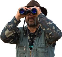 A hunter in a hat with binoculars looks out for prey on a transparent background