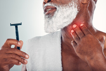 Man, shaving and hand on neck for pain from razor burn or cut while grooming with foam on face....