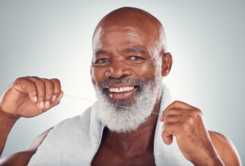 Floss, portrait and teeth of man isolated on white background for senior mouth, self care smile and cleaning. African model or elderly person with product for tooth, gum or dentist healthcare mockup