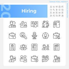 Hiring pixel perfect linear icons set. Recruitment process. Company employee. Apply for position. Career. Customizable thin line symbols. Isolated vector outline illustrations. Editable stroke