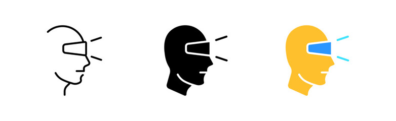 VR glasses icons set. 360°, arrow, loop, angle, tilt, rotate, games, movies, glasses, lenses, volume, entertainment, graphics. technology concept. Vector line icon in different styles