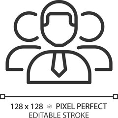 Personnel pixel perfect linear icon. Group of people working for company. Organization staff. Professional employees. Thin line illustration. Contour symbol. Vector outline drawing. Editable stroke