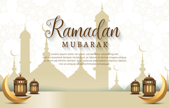 elegant ramadan mubarak 2023 banner with mosque illustration luxury shiny islamic ornament and abstract gradient white and brown background design