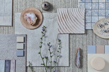Flat lay of creative design of beige architect moodboard composition with samples of building,...