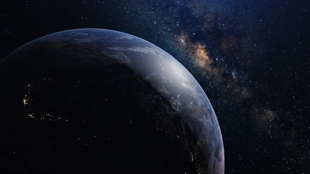 Space view 3D Earth Milky Way star background. High quality video ProRes 422HQ. Image finished by nasa.