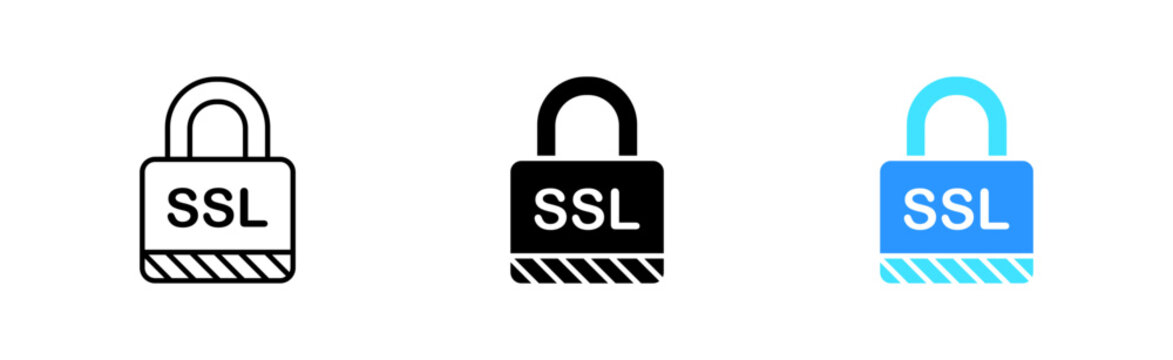 SSL icon set. Security protocol, cybersecurity, lock, internet, website, identification, security, vpn, encryption, communication, password. Security concept. Vector line icon in different styles