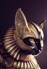 Egyptian cat in gold with gold ornaments. mythology and worship of cats created with Generative AI technology