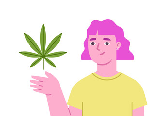 Caucasian female presenting cannabis leaf on hand - 566958456