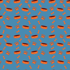 Seamless pattern with pet foot on a  blue background 