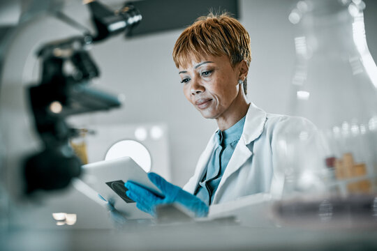 Healthcare, science and black woman with tablet for research, medical report and experiment results. Medicine, laboratory and scientist with digital tech for data analysis, lab study and biotech test - Powered by Adobe