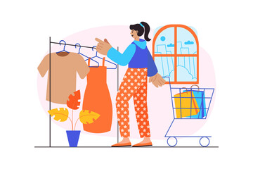 Shopping orange concept with people scene in the flat cartoon style. Woman with a shopping cart chooses clothes in a store.