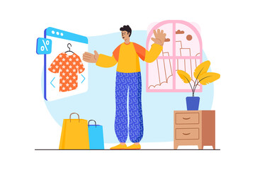 Shopping concept with people scene in the flat cartoon style. Guy orders clothes with discounts in an online store.