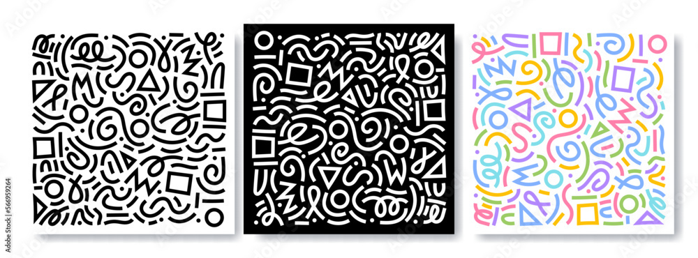 Poster colorful line doodle pattern set. creative minimalist style art background collection, trendy design