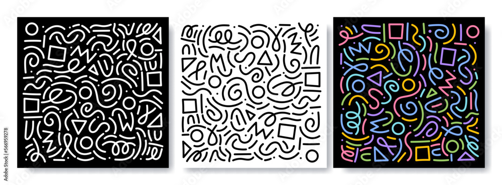 Poster colorful line doodle pattern set. creative minimalist style art background collection, trendy design