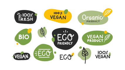 Fresh healthy organic vegan food logo labels and tags. Vector hand drawn illustration. Vegetarian eco green concept - obrazy, fototapety, plakaty