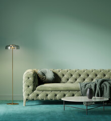 3d interior of a light green contemporary style interior living room with a modern sage green tufted sofa, a brass lamp and a turqoise velvet carpet, a Mock up poster frame theme.	
