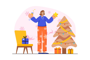 Orange concept Happy New Year with people scene in the flat cartoon style. Girl with a glass of champagne joyfully welcomes the New Year near the Christmas tree.
