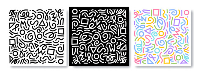 Colorful line doodle pattern set. Creative minimalist style art background collection, trendy design with basic shapes. Modern abstract color backdrop. Black, white and color composition